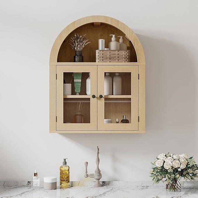 ChooChoo Arched Wall Cabinet Bathroom Medicine Cabinet with Adjustable Shelf, Wall Mounted Cupboard Storage Organizer for Laundry Room, Dining Room, Living Room, Kitchen (Natural) - ModernBath