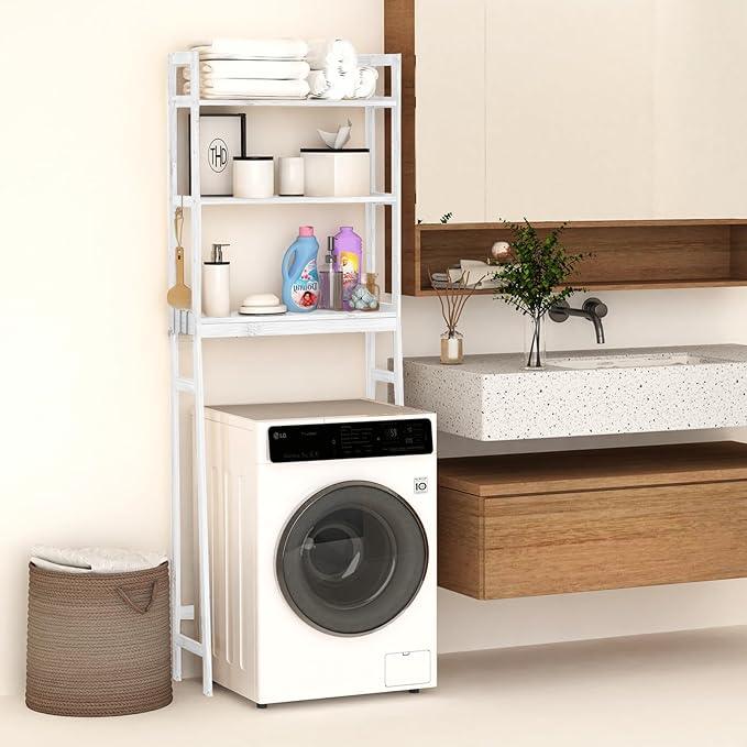 BAMBANG Over The Toilet Storage Rack, 3-Tier Over The Toilet Storage Shelf with 3 Hooks, Freestanding Above Toilet Bathroom Organizer Shelves for Space Saver Storage, Bamboo White - ModernBath