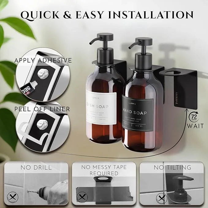Shampoo & Conditioner Dispenser - Shower Soap Dispenser Wall Mounted - Set of 3 16.9 Oz Plastic Bottles with Pump & Holder - Shampoo Dispenser - Shower Dispenser Chamber No Drill (3 X Amber/Black) - ModernBath
