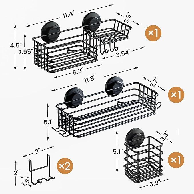 LEVERLOC Shower Caddy Suction Cup, 3 Pack Heavy Duty Bathroom Organizer for Inside Shower with Hooks & Soap holder, Removable Bathroom Holder, Rustproof Black Storage - ModernBath