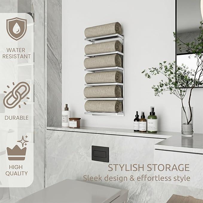 Modern Tiered Towel Rack - Wall-Mounted Metal Towel Shelf for Bathroom, Space-Saving Storage for Towels, Organizers, and Home Decor (Satin Nickel, 6-Tier) - ModernBath
