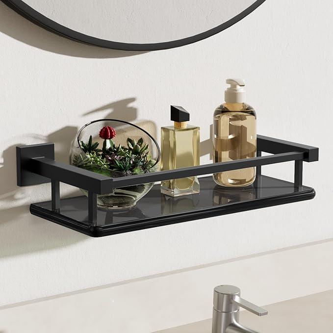 Alise Glass Shelves for Bathroom Wall, Tempered Glass Bathroom Shelf Wall Mounted, Modern Space Saving Floating Shelves 12 inch, Matte Black - ModernBath