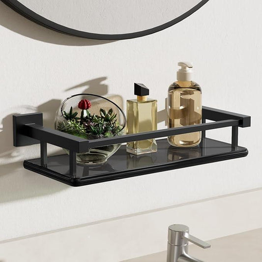 Alise Glass Shelves for Bathroom Wall, Tempered Glass Bathroom Shelf Wall Mounted, Modern Space Saving Floating Shelves 12 inch, Matte Black - ModernBath