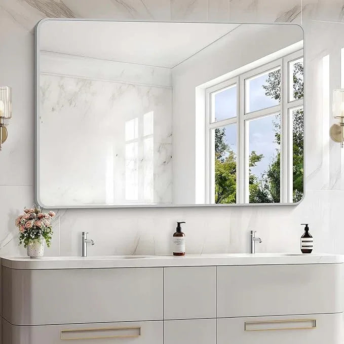 CIVENO 55x36 Inch Silver Bathroom Mirror, Large Rectangular Vanity Mirror, Metal Framed Rectangle Mirror, Rounded Corner Wall Mounted Mirrors for Living Room Bedroom Entryway Horizontal or Vertical - ModernBath