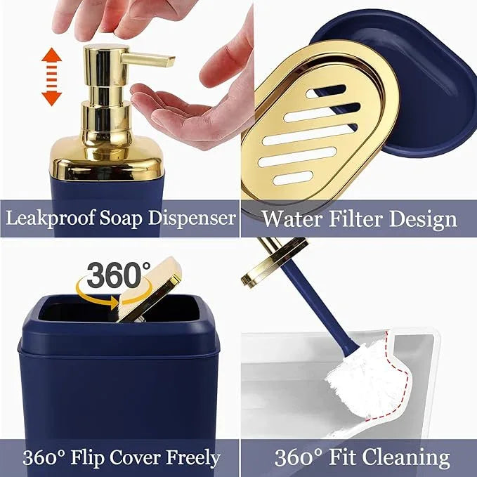 XLHOMO Navy Blue Bathroom Accessories Set, Blue and Gold Bathroom Accessories with Trash Can, Soap Dispenser, Soap Dish, Toothbrush Holder and Q-tip Holders - ModernBath