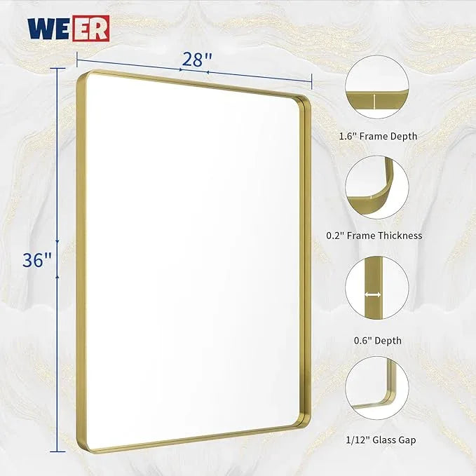 WEER Gold Bathroom Mirror, 28X36 Inch Brushed Gold Metal Frame Mirror, Rounded Rectangle Gold Bathroom Vanity Mirror for Wall, Tempered Glass, Anti-Rust, Hangs Horizontally or Vertically - ModernBath