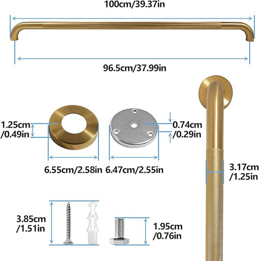 Rackickyer Shower Grab Bar, 2 Pack 39.4 Inch Gold Bathroom Grab Bar, 1.25" Diameter 304 Stainless Steel Anti-Slip Grab Bars for Bathtubs and Showers, Handicap Shower Grab Bar for Seniors Elderly