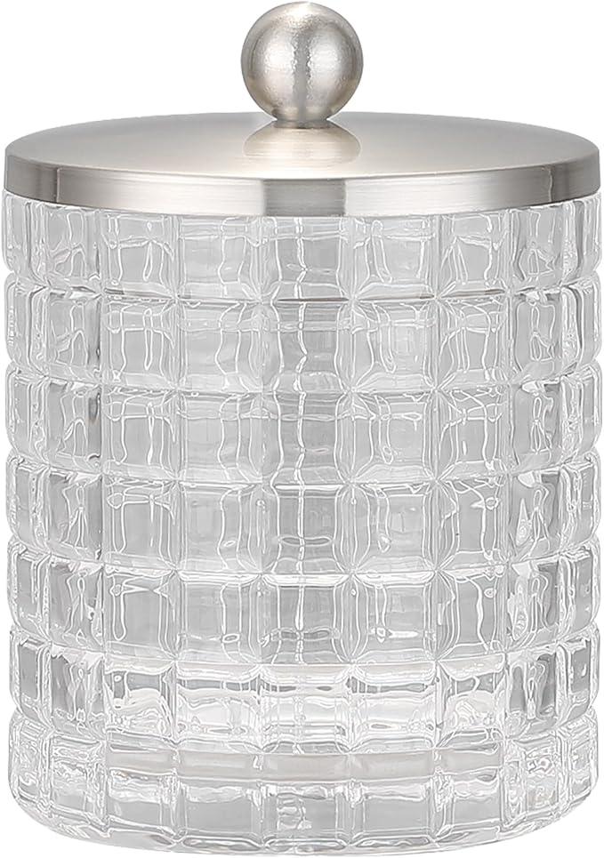 Indecor Home Clear transparent Apothecary Etched Geometric Grid Glass Jar W/Satin Nickel Metal Lid Cover for Bathroom Organization, Cotton Balls, Q Tips, and Small Accessories, Bathroom Storage - ModernBath