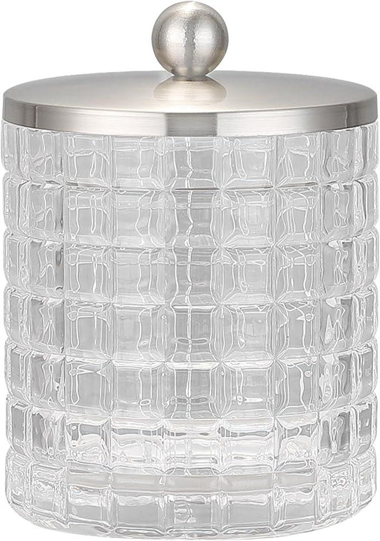 Indecor Home Clear transparent Apothecary Etched Geometric Grid Glass Jar W/Satin Nickel Metal Lid Cover for Bathroom Organization, Cotton Balls, Q Tips, and Small Accessories, Bathroom Storage - ModernBath
