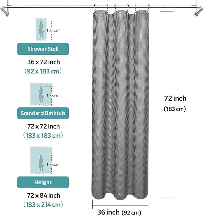 Vipfree 3 in 1 Shower Curtain Set, Waffle Shower Curtain and Liner Set with 6 Double Sided Shower Curtain Hooks, 258GSM Luxury Weighted Cloth Shower Curtains for Bathroom, 36 W x 72 H, Grey - ModernBath