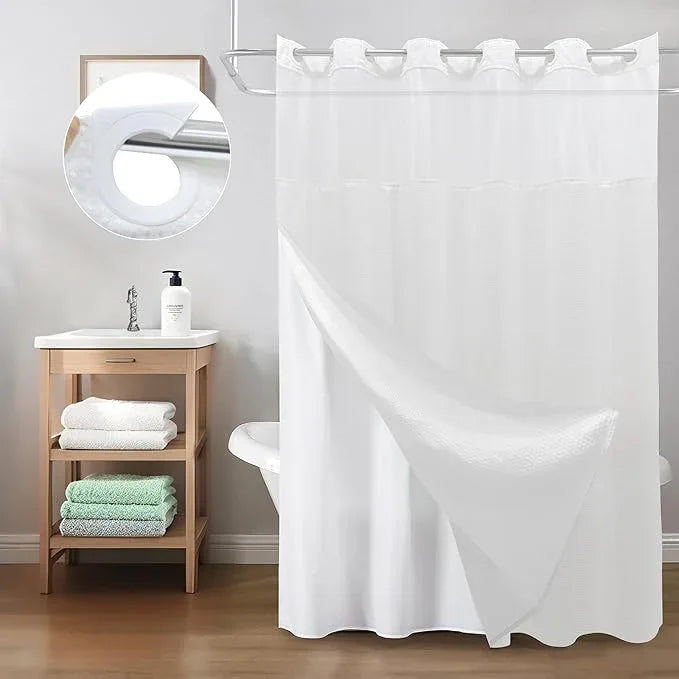 Inhousolu No Hook Shower Curtain with Snap in Fabric Liner Set Waffle Weave 230GSM Weighted Hem, Waterproof & Washable Bathroom Curtain Spa Luxury with Mesh Top Window 72" W x 72" L White - ModernBath