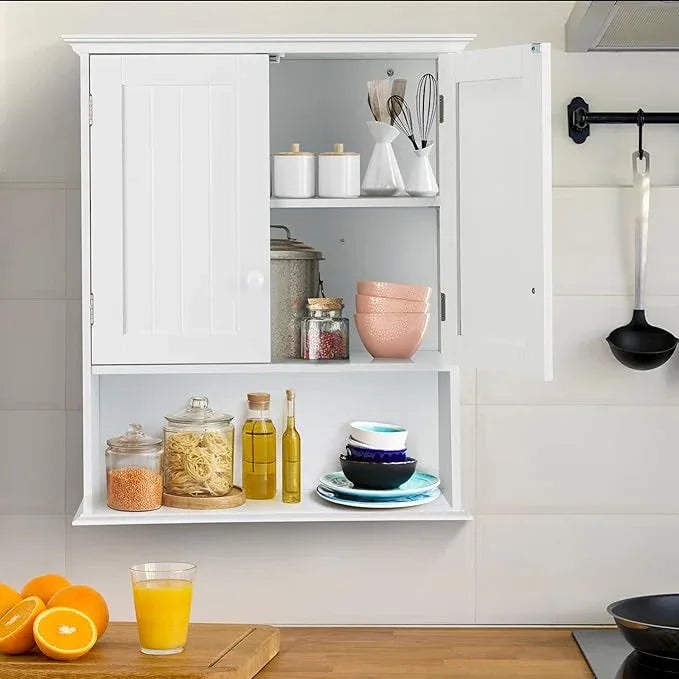 COSTWAY Wall Mounted Bathroom Cabinet, Over The Toilet Storage Cabinet w/Double Doors & Adjustable Shelf, Wood Hanging Medicine Cabinet for Living Room, Entryway, Kitchen (White) - ModernBath