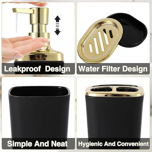 XLHOMO Black Bathroom Accessories 8 Piece Black and Gold Bathroom Set, Bathroom Accessories with Stainless Steel Bathroom Trash Can,Toilet Brush,Toothbrush Set,Soap Dispenser - ModernBath