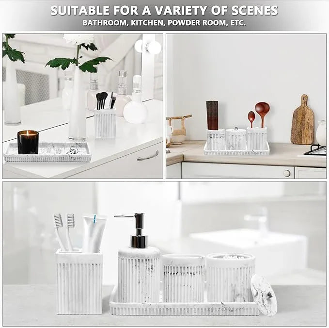XLHOMO Resin White Marble Bathroom Accessories Set 5 Pcs, Lotion Soap Dispenser, Toothbrush Holder, Bathroom Tumbler, Qtip Holder and Vanity Tray, Bathroom Countertop Organizer Set for Home Apartment - ModernBath
