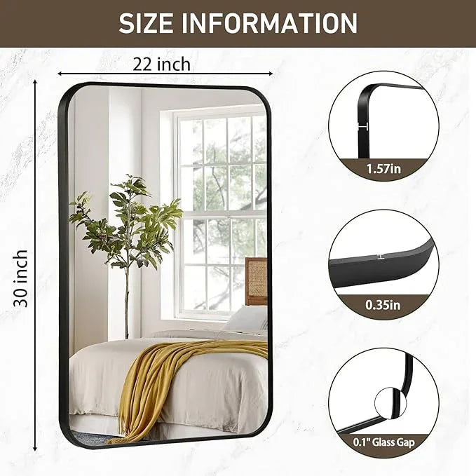 CLBA Black Bathroom Mirror, 22x30 Inch Matte Black Mirror, Aluminum Alloy Framed Vanity Mirror, Rounded Rectangle Mirror for Over Sink, Anti-Rust Wall Mirror (Horizontally or Vertically) - ModernBath