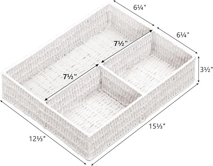Vagusicc Wicker Divided Storage Basket, White Wicker Baskets, Basket for Shelves Drawer Organizing, 3 Section Rectangular Woven Storage Baskets, 2-Pack - ModernBath