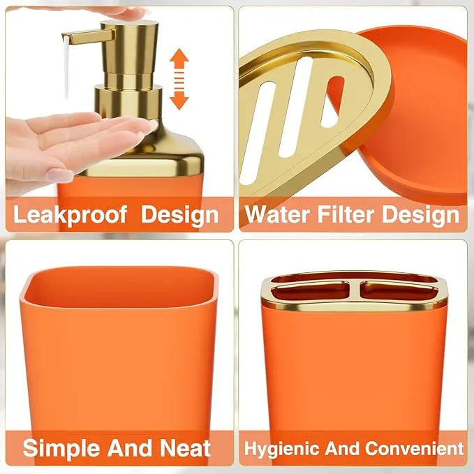 XLHOMO Bathroom Accessories 8 Piece Orange and Gold Bathroom Set, Bath Accessories with Stainless Steel Trash Can,Toilet Brush,Toothbrush Set,Soap Dispenser - ModernBath