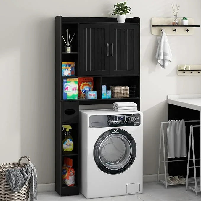 Vabches Over The Toilet Storage Cabinet, Farmhouse Storage Cabinet Over Toilet with Barn Door, Home Space-Saving Toilet Rack, for Bathroom, Restroom, Laundry（Black）. - ModernBath