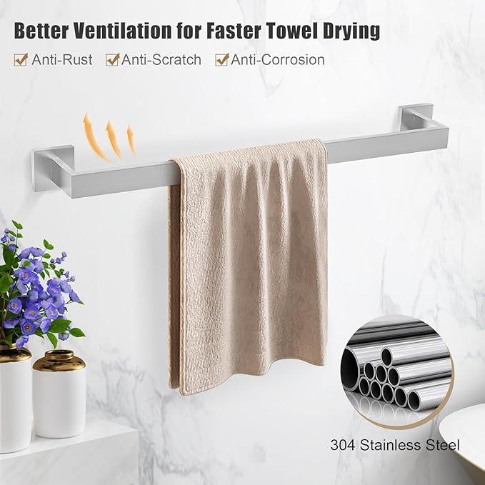 TQKAG Brushed Nickel Bathroom Hardware Accessories Set 5 Pieces, Double Post Pivoting Toilet Paper Holder Set Stainless Steel Square Bathroom Towel Bar Holder Set Wall Mounted - ModernBath