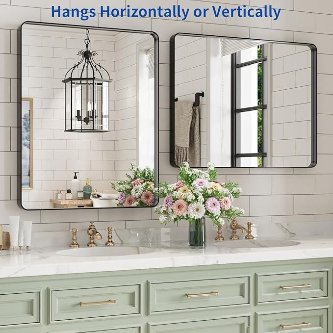 WEER Black Bathroom Mirror for Wall, 24X30 Inch Matte Black Mirror, Rectangular Black Metal Framed Vanity Mirror with Tempered Glass, Rounded Corner, Anti-Rust (Horizontal/Vertical) - ModernBath