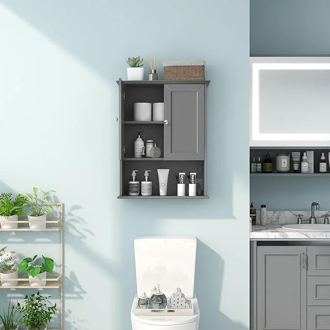 Grey Wall Mounted Bathroom Cabinet 24x30 Inch Wooden Over Toilet Storage Cabinet with 2 Doors, Above Toilet Medicine Cabinets for Bathroom Laundry Room Bedroom Kitchen - ModernBath