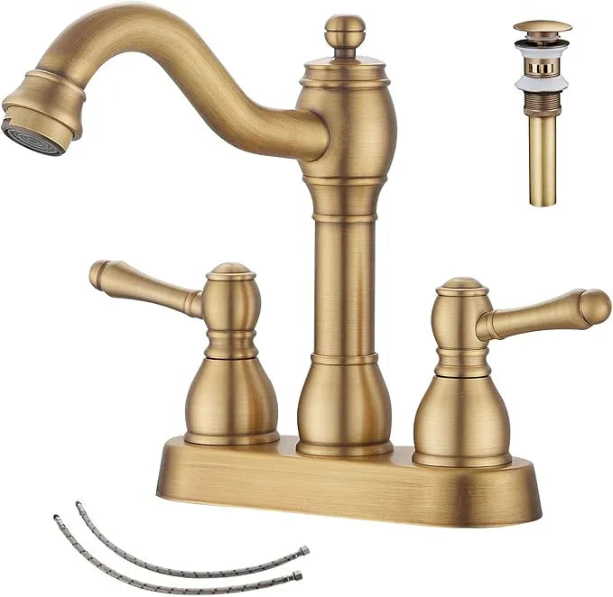 GGStudy Antique Brass Bathroom Faucet 2 Handles 4 Inches Centerset RV Bathroom Vanity Faucet with Drain Assembly and Supply Hose Lavatory Faucet - ModernBath