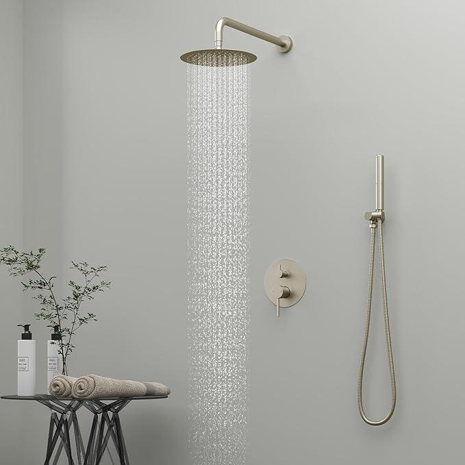 BESy Shower System with 10 Inch Round Rain Shower Head and Handheld Wall Mounted, High Pressure Rainfall Shower Faucet Fixture Combo Set with 2 in 1 Handheld Showerhead for Bathroom, Brushed Nickel - ModernBath