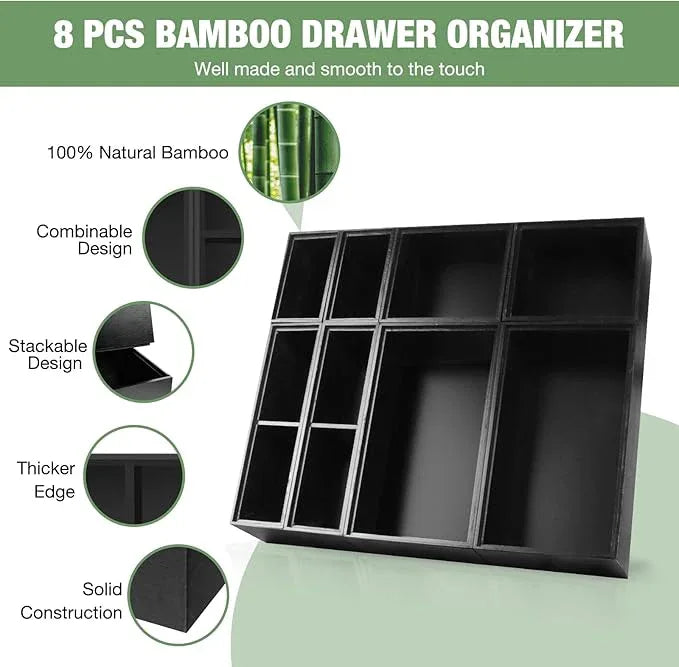 Bamboo Drawer Organizer Set, 8 PCS Multi-Use Wood Drawer Storage Boxes, Junk Drawer Organizer Divider Bins for Kitchen, Bathroom, Office Desk, Makeup, Jewelry, Utensils - ModernBath