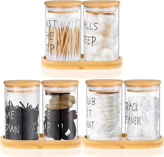 Tessco 6 Pcs Cotton Ball Holder Apothecary Jars with Lids Glass 3 Pcs Bamboo Tray Oval Plate Bathroom Decor Clear Cotton Ball Holder Bathroom Organizer Countertop Bathroom Storage Containers - ModernBath