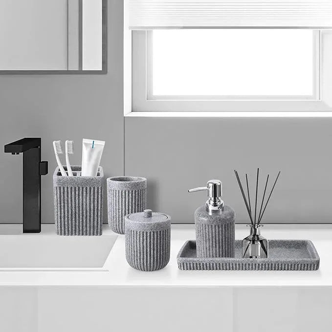 XLHOMO Resin Grey Bathroom Accessories Set 5 Pcs, Lotion Soap Dispenser, Toothbrush Holder, Bathroom Tumbler, Qtip Holder and Vanity Tray, Bathroom Countertop Organizer Set for Modern Home Apartment - ModernBath
