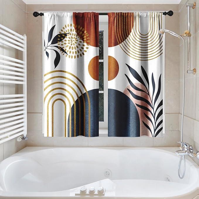Culudea Boho Geometric Leaf Shower Curtain Set, Mid Century Sun Bohemian Bathroom Window Waffle Textured Cloth Waterproof Shower Curtains for Bathroom Decor - ModernBath