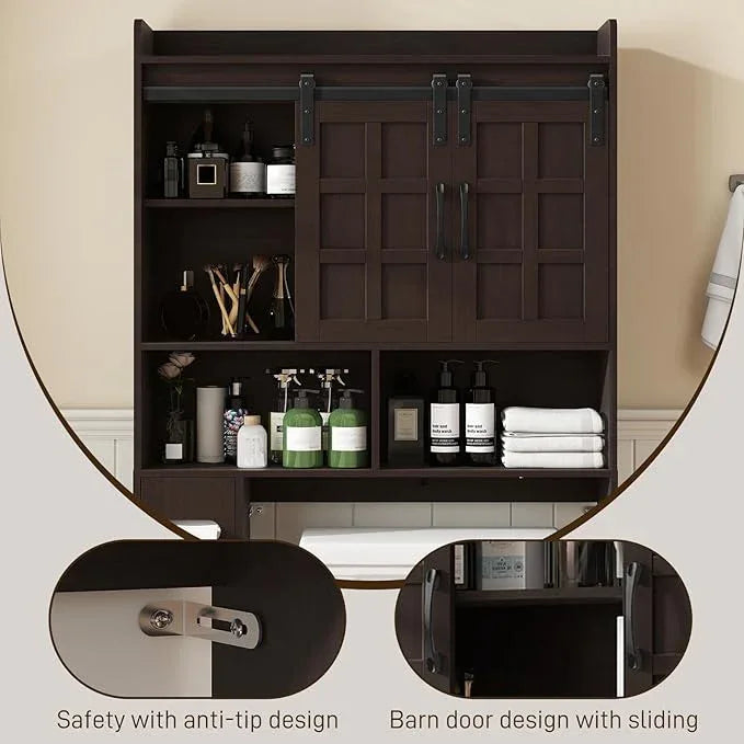 Over The Toilet Storage Cabinet, Farmhouse Storage Cabinet Over Toilet with Sliding Doors，Home Space-Saving Toilet Rack, for Bathroom, Restroom, Laundry. Espresso - ModernBath