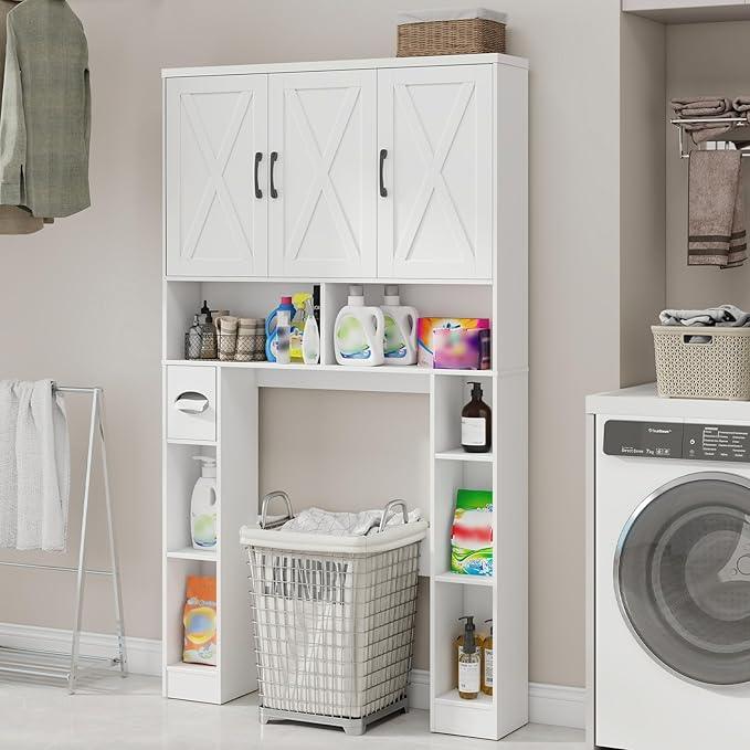 Over The Toilet Storage Cabinet, Farmhouse Toilet Cabinet Rack with 3 Barn Doors, Space Saving Bathroom Organizer with Shelves, Toilet Paper Holder and Towel Rack for Bathroom,Restroom,Laundry, White - ModernBath