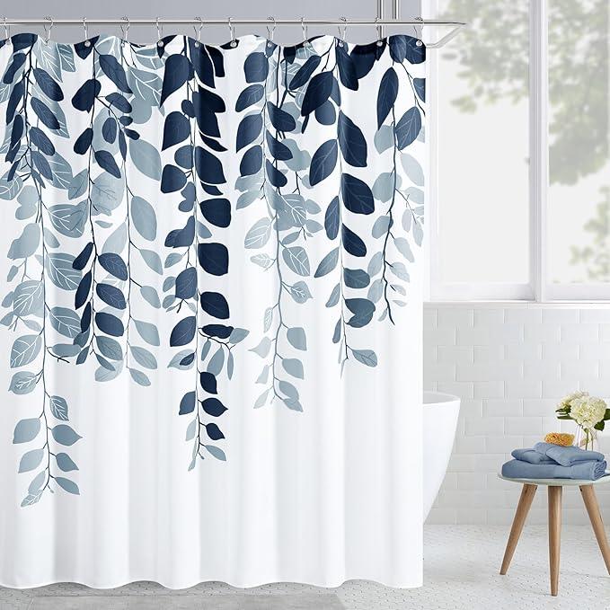 BOODII Navy Blue Leaf Shower Curtain for Bathroom Dark Blue Botanical Eucalyptus Nature Eucalyptus Shower Curtains Set Floral Leaves Bathroom Decor Natural Bath Curtain 72x72 - ModernBath