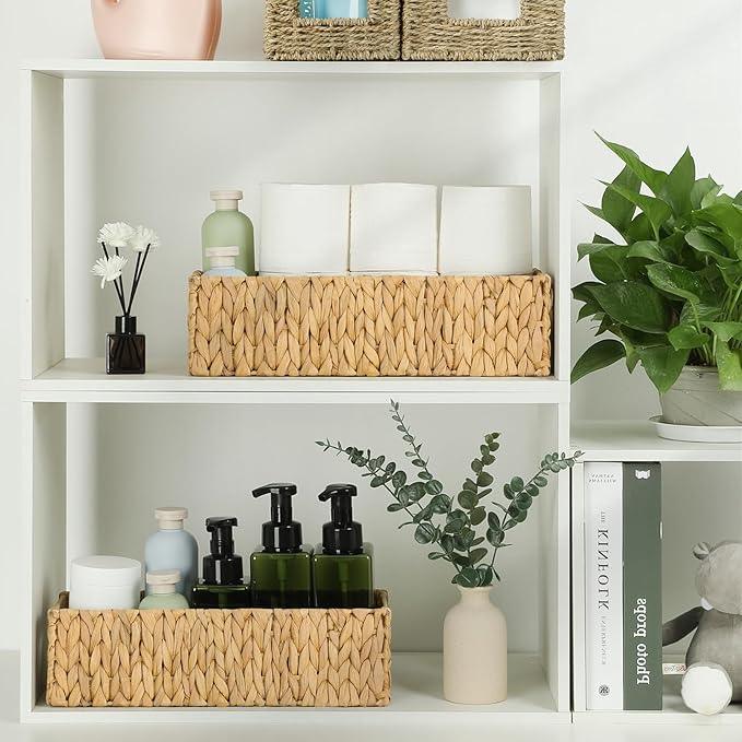 Graciadeco Nesting Small Wicker Basket, Water Hyacinth Toilet Paper Baskets Bathroom Organizer Woven Long Narrow Baskets for Organizing Pantry Bathroom Toilet Tank, 2 Pack - ModernBath