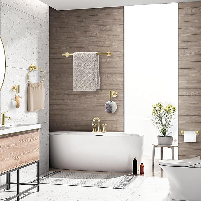 TQKAG Brushed Gold 5 Piece Bathroom Hardware Accessories Set 23.6" SUS304 Stainless Steel Bathroom Towel Bar Holder Sets Double Post Pivoting Toilet Paper Holder Set Wall Mounted - ModernBath