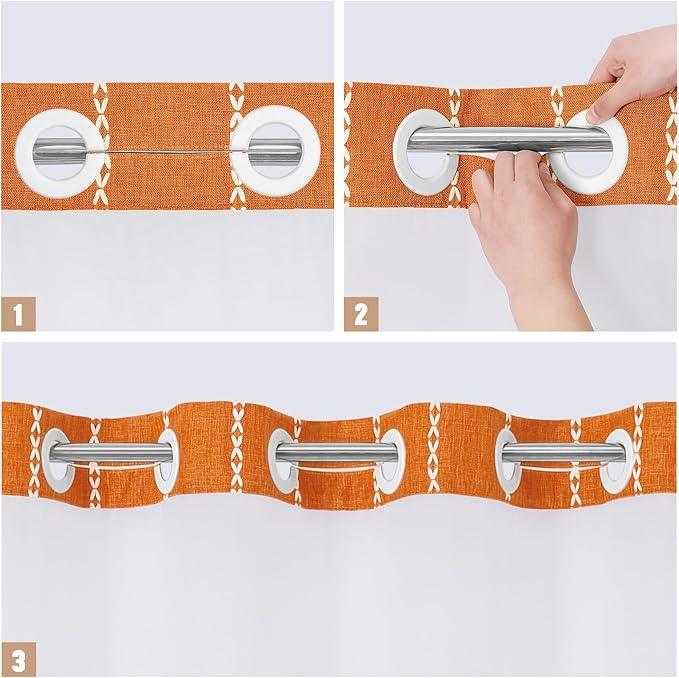 MitoVilla No Hooks Needed Orange Shower Curtain with Snap-in Liner - with Window & Magnets, Boho Cotton Linen Fabric Shower Curtains with Tassels for Rustic Bathroom Decor, Burnt Orange, 72 x 74 - ModernBath
