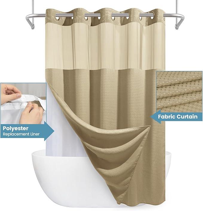 EUTXL Beige No Hook Shower Curtain with Snap in Liner,230GSM Waffle Weave Shower Curtains for Bathroom,71W x 74H - ModernBath