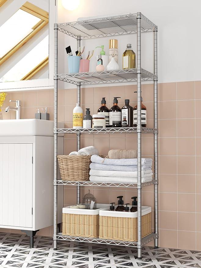 SINGAYE 5 Tier Storage Garage Shelving Units Heavy Duty Wire Shelves Pantry Metal for Pantry Closet Kitchen Laundry Bathroom Organizers Shelf Home Shorage Gray - ModernBath