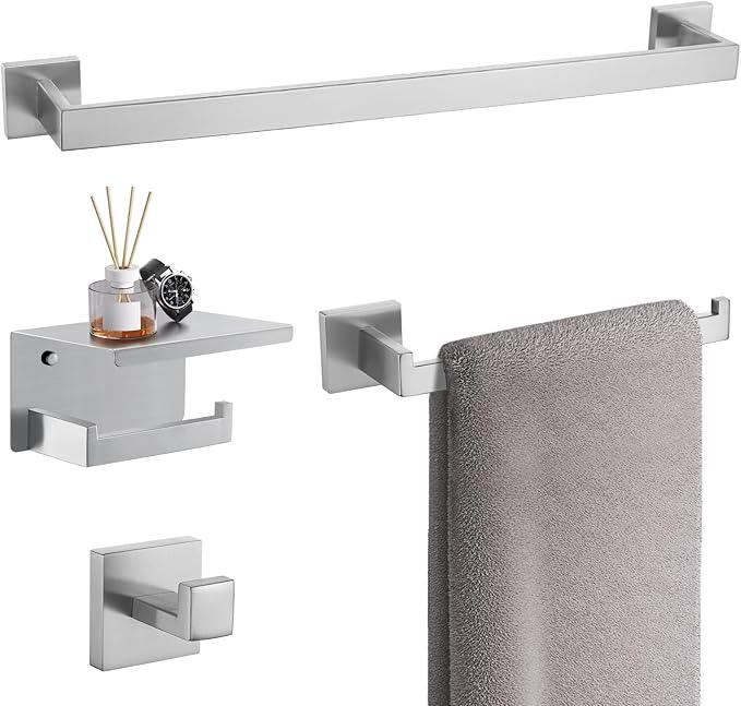 TURS Bathroom Hardware Set 4-Piece Brushed Bath Towel Bar Set Include 24 Inch Towel Bar Hand Towel Holder Towel Hook Toilet Paper Holder with Shelf Stainless Steel Bathroom Accessories Set - ModernBath