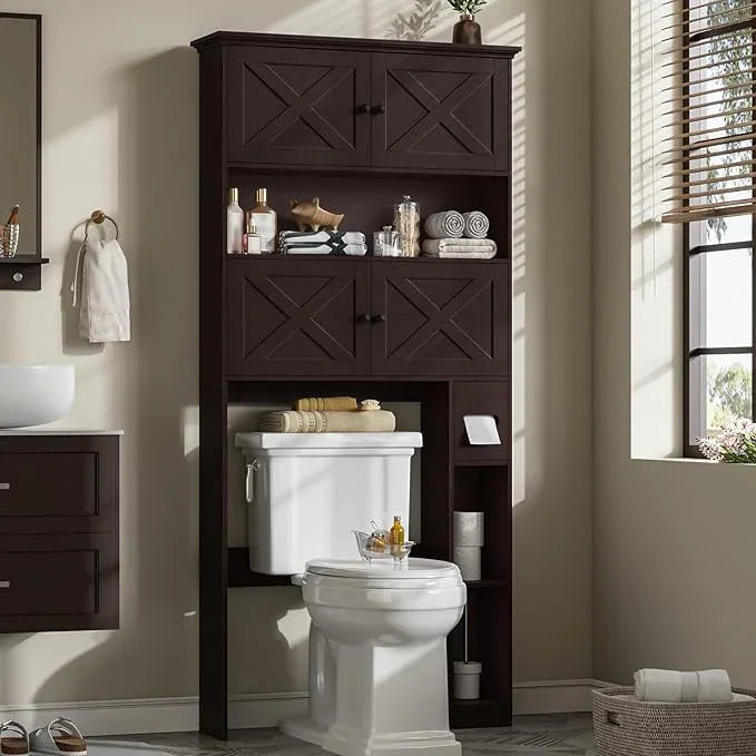 Over The Toilet Storage Cabinet, Farmhouse Storage Cabinet Over Toilet with 4 Barn Doors & Toilet Paper Holder Stand, Espresso Toilet Shelf Home Space Saver for Restroom, Bathroom, Laundry - ModernBath