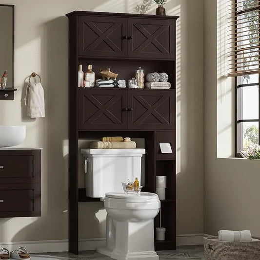 Over The Toilet Storage Cabinet, Farmhouse Storage Cabinet Over Toilet with 4 Barn Doors & Toilet Paper Holder Stand, Espresso Toilet Shelf Home Space Saver for Restroom, Bathroom, Laundry - ModernBath