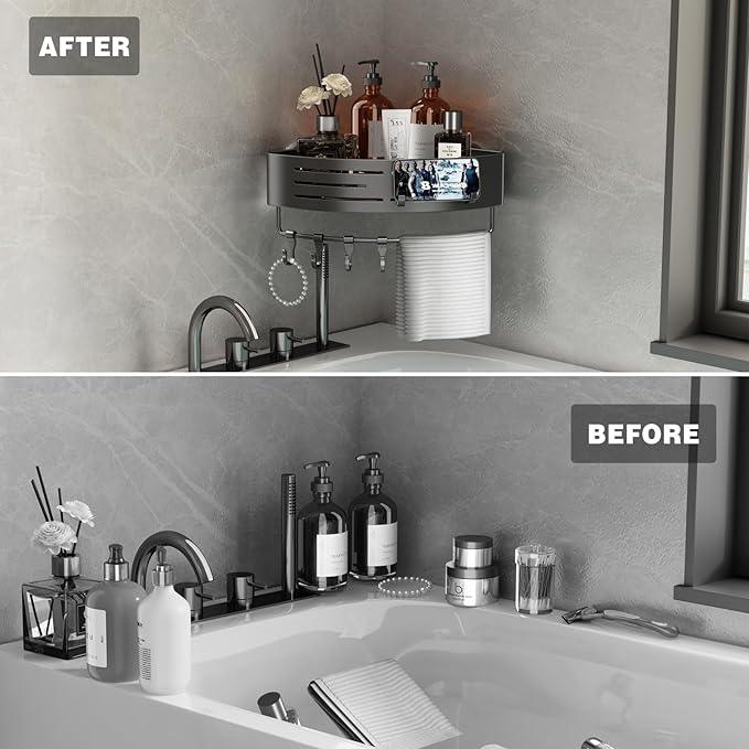 Voldra Corner Shower Caddy Suction Cup, 1 Pack Corner Shower Shelves No Drilling, Aluminum Upgrade Suction Cup Shower Organizer Corner with Towel Bar & Hooks Removable Bathroom Storage Rack(Gray) - ModernBath