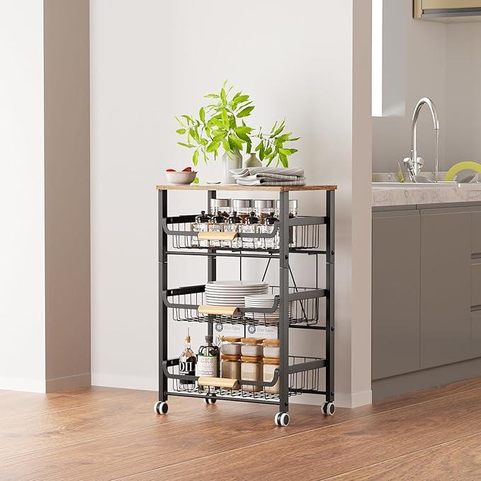4-Layer Fruit Basket Kitchen Food Storage Organizer and Storage Rack, Stackable Storage cart with Desktop, Pull-Out Hollow Metal Storage Basket, liding Out Storage,White - ModernBath