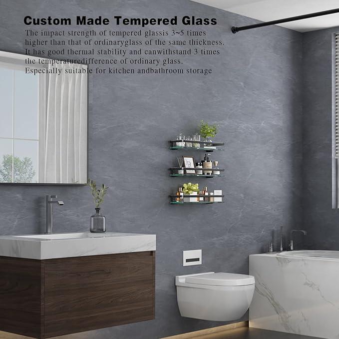 VOLPONE Bathroom Wall Shelf 15.7in Bathroom Glass Shelves Wall Mount Glass Shelf Rustproof Bathroom Wall Organizer 3 Tier (Black) - ModernBath
