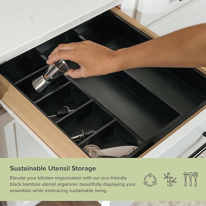 KitchenEdge Adjustable Kitchen Drawer Organizer for Utensils and Junk, Food-Safe Contract Grade with 100% Sustainable Wood, Expandable from 10.5 to 19 Inches Wide - Black Bamboo - ModernBath