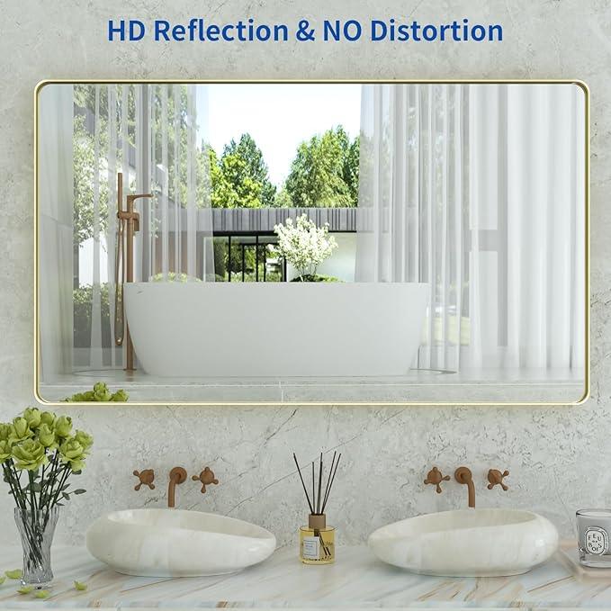 WEER Gold Bathroom Mirror, 55X30 Inch Brushed Gold Metal Frame Mirror, Rounded Rectangle Gold Bathroom Vanity Mirror for Wall, Tempered Glass, Anti-Rust, Hangs Horizontally or Vertically - ModernBath
