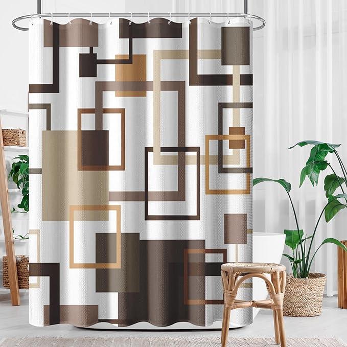 Culudea Geometric Vintage Brown Shower Curtain Set, Abstract Modern Line Bathroom Window Waterproof Shower Curtain Set for Bathroom Decor - ModernBath