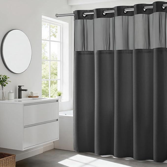 River Dream Heavyweight No Hooks Required Dotted Waffle Weave Shower Curtain with Snap in Liner - 71W x 74H,Hotel Grade,Spa Like Bath Curtain,Graphite Grey - ModernBath