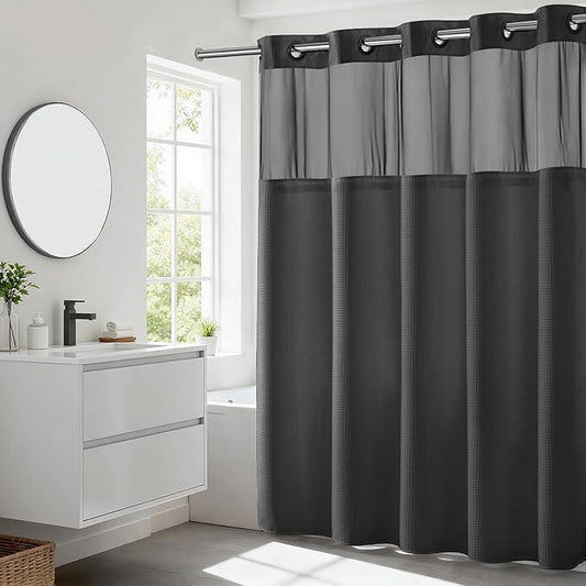 River Dream Heavyweight No Hooks Required Dotted Waffle Weave Shower Curtain with Snap in Liner - 71W x 74H,Hotel Grade,Spa Like Bath Curtain,Graphite Grey - ModernBath